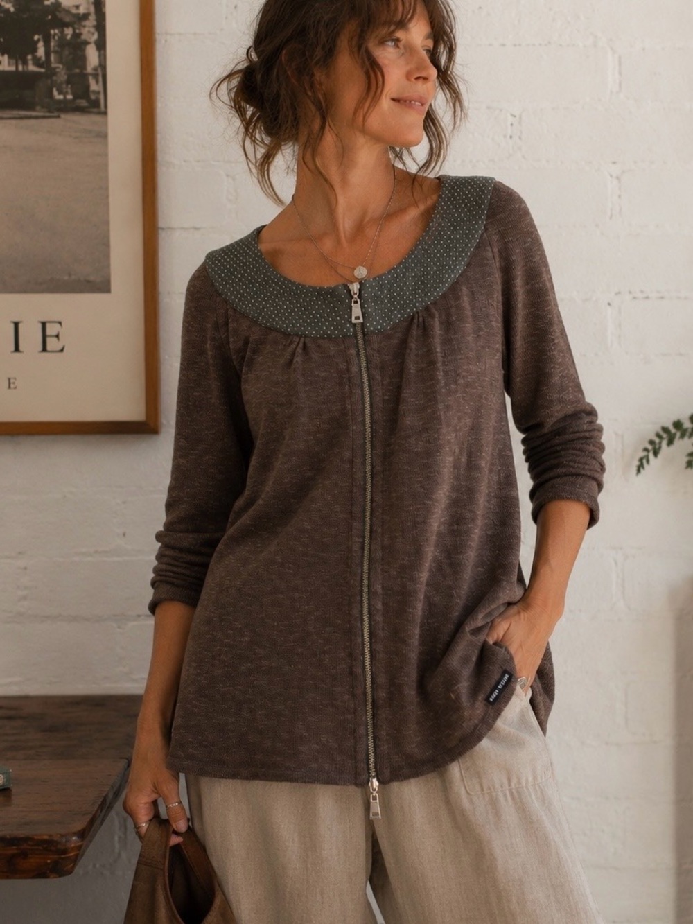 Vintage Blue Willi’s Life Linen Blend Zip Front Tunic Sweater Gray Brown Size M